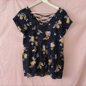 V Neck Polka Dot & Floral Lace up Back Top